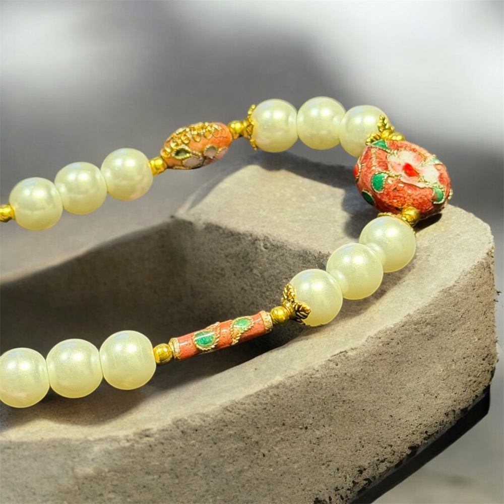 Handcrafted Cloisonné Pearl and Gold Beaded Necklace - Picture 10 of 12